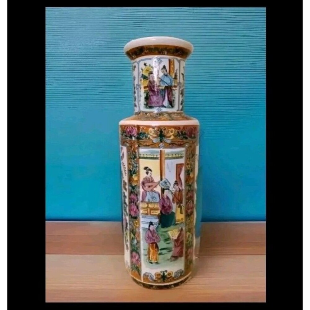 Chinese Cantonese Floor Vase Famille Rose Medallion Rouleau Oriental Japan 16.5"